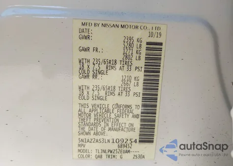 2020 Nissan Murano S Intelligent Awd из США, поврежденный, VIN 5N1AZ2AS3LN109254